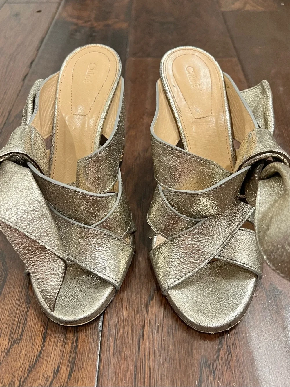 Authentic CHLOE Nellie Crystal Embellished Top Knot Block Sandal Grey Glitter